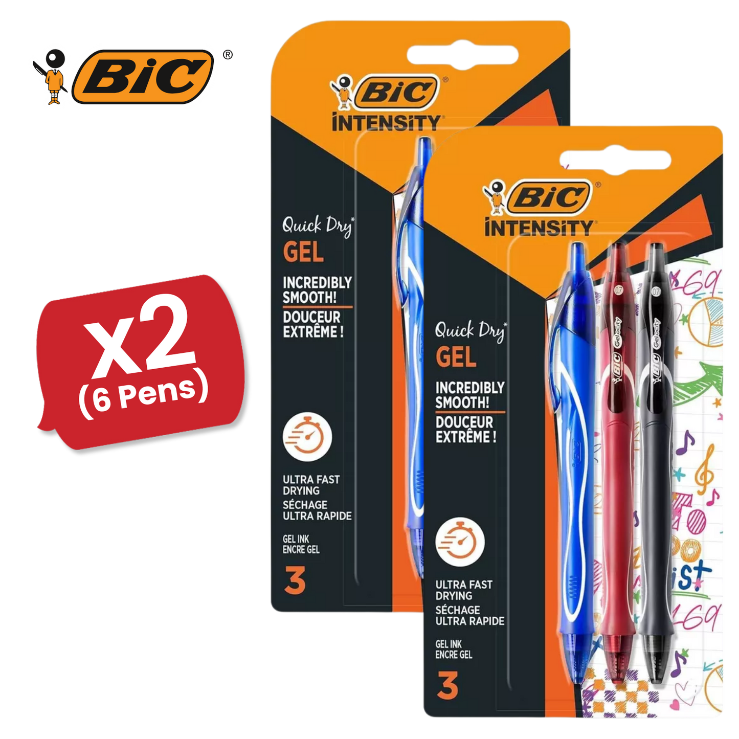 BIC Gel-ocity Quick Drying Gel Pen, Assorted Colours, 3 Pack