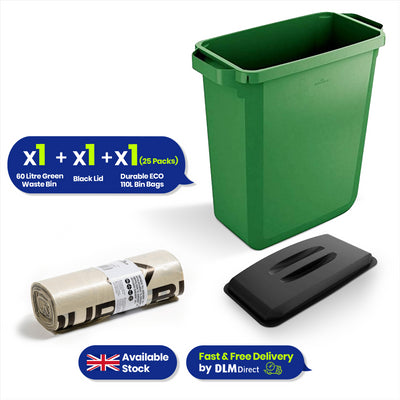 DURABIN 60L Green Bin Set & Black Lid and 25x 110L Recycled Bin Bags