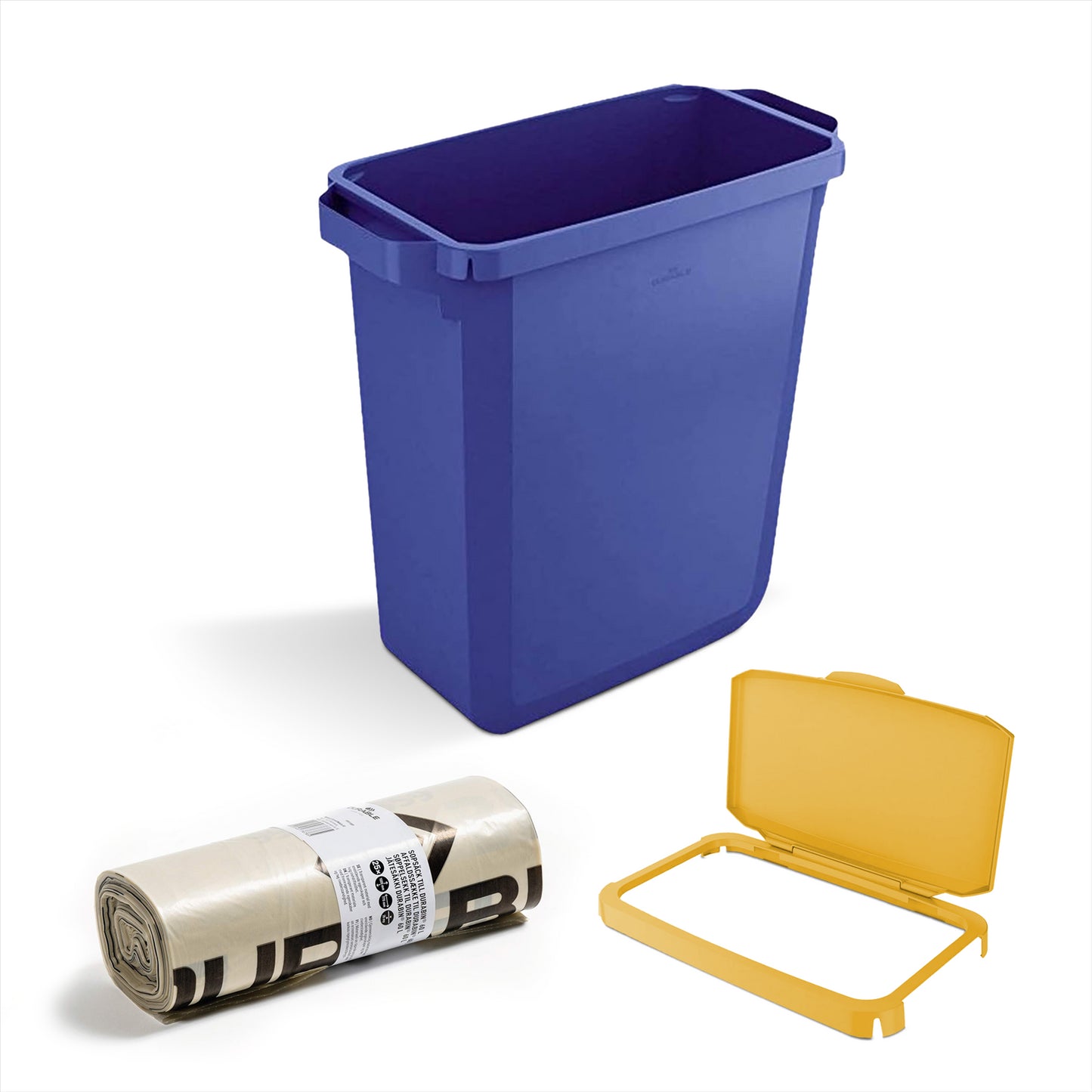 DURABIN 60L Blue Bin Set & Grey Hinged Lid and 25x 110L Recycled Bin Bags