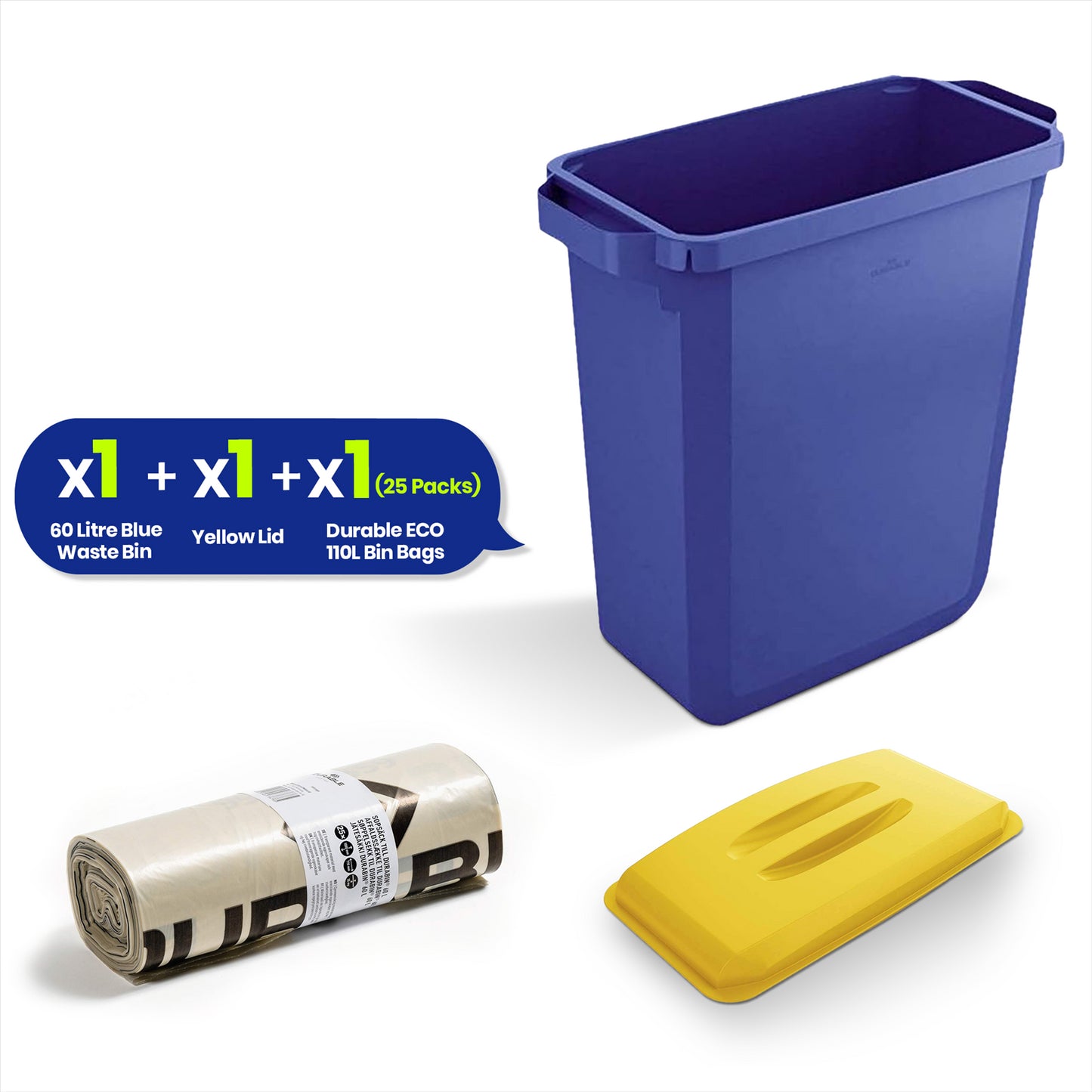 DURABIN 60L Blue Bin Set & Yellow Lid and 25x 110L Recycled Bin Bags