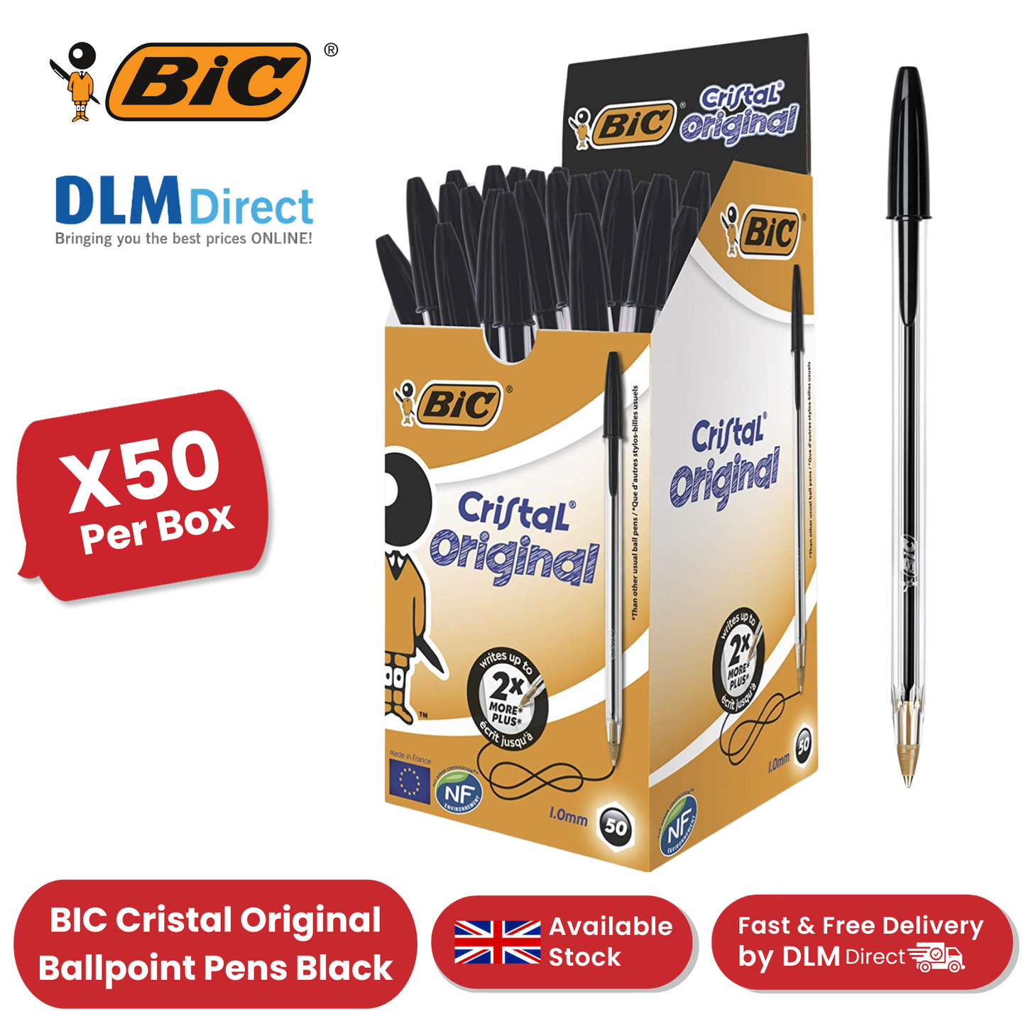 BIC CRISTAL MEDIUM BALL POINT PEN BLACK - BOX OF 50 - 1 to 5 Packs