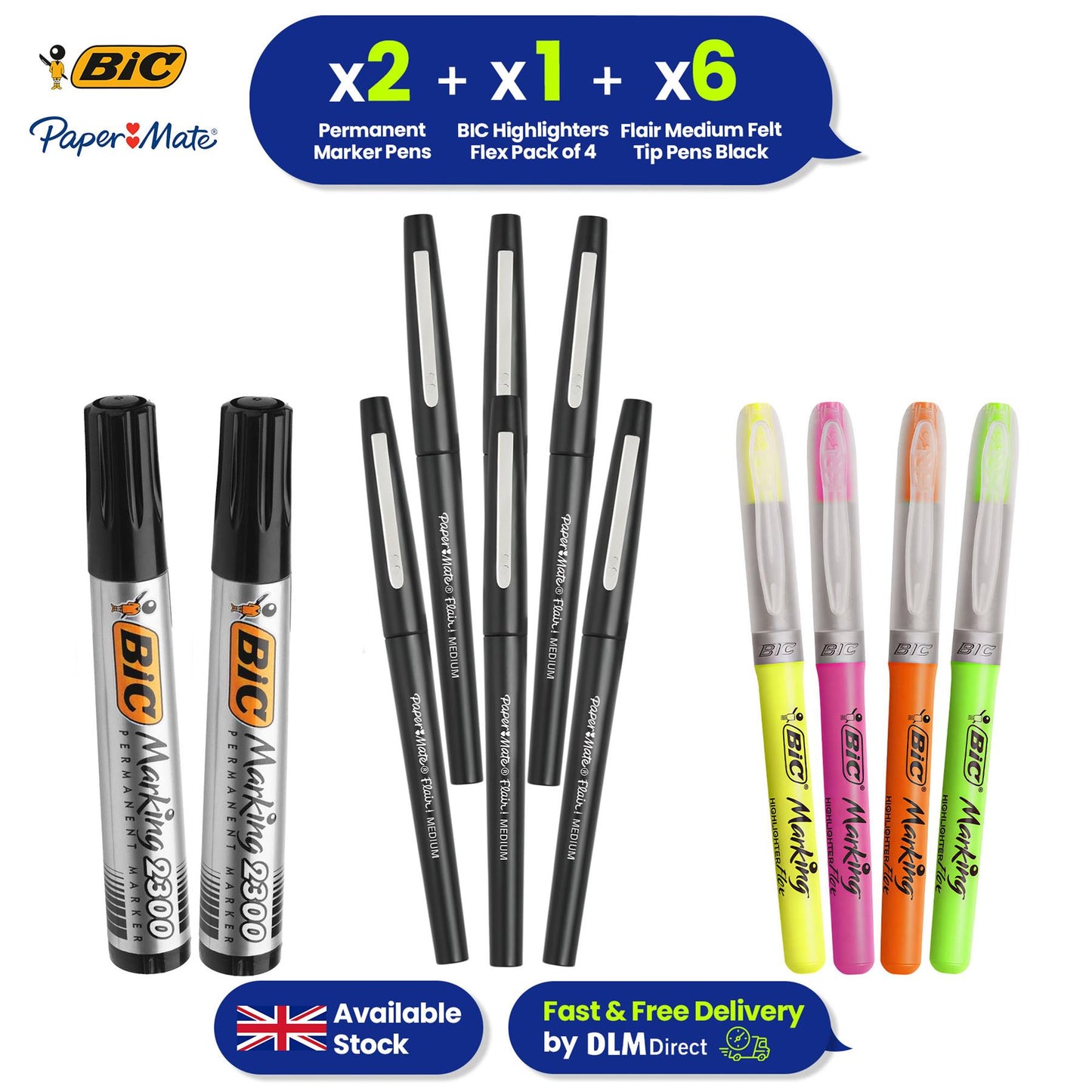 Bic Marking 2300 Markers 2x, Paper Mate Flair Black Pens 6x and Flex Highlighters, Office & School Writing Set 4x