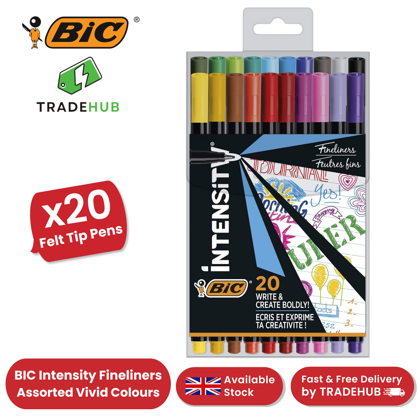 Bic Intensity Fine Tip Pens - Assorted Colours - Pack of 20