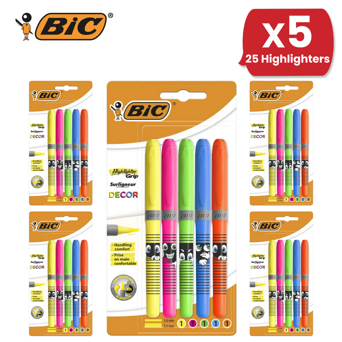 BIC Highlighter Grip Decor Highlighter Pens Adjustable Chisel Tip - 1 to 5