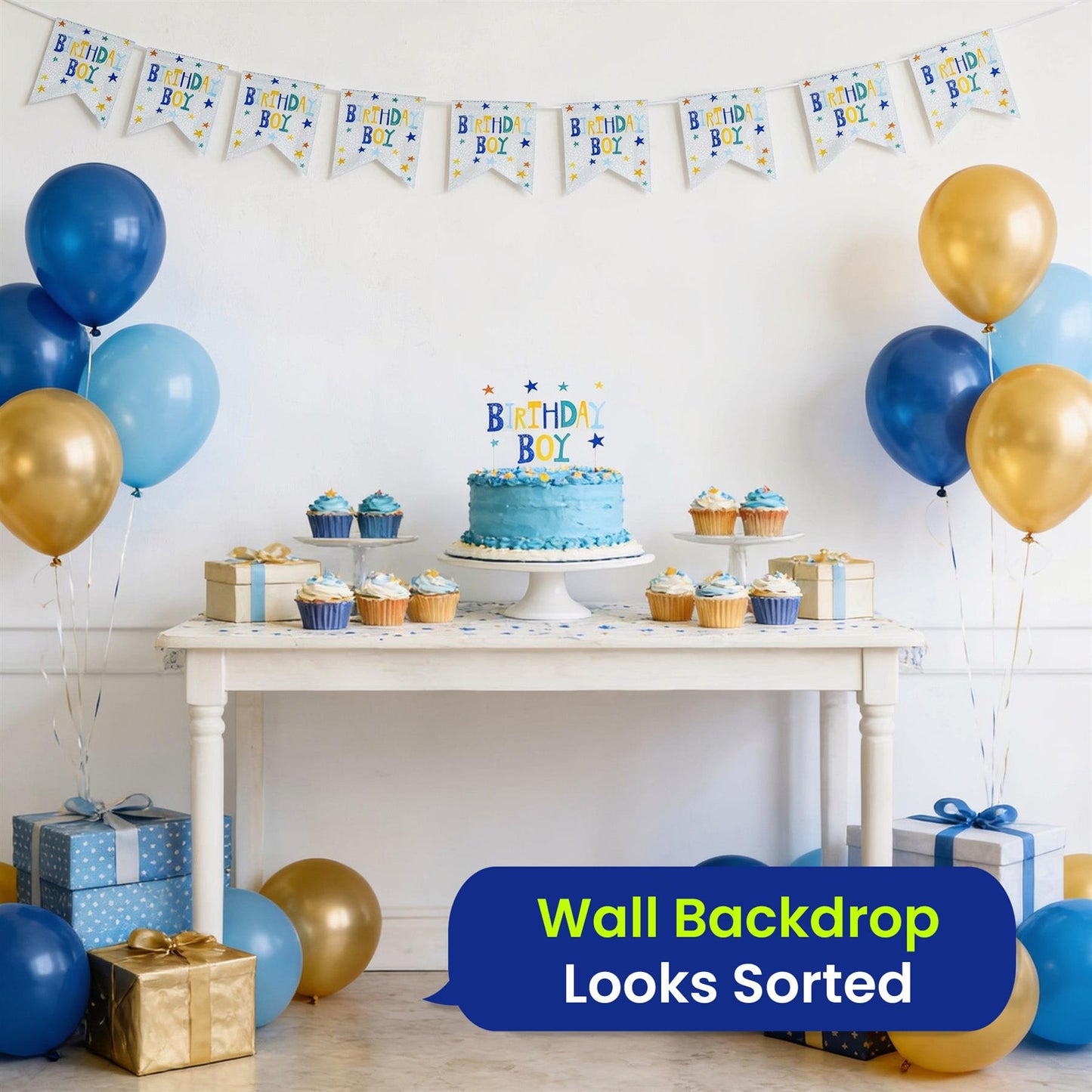 On The Wall Birthday Boy Bunting 4m with 10 Flags, Blue Reusable Party