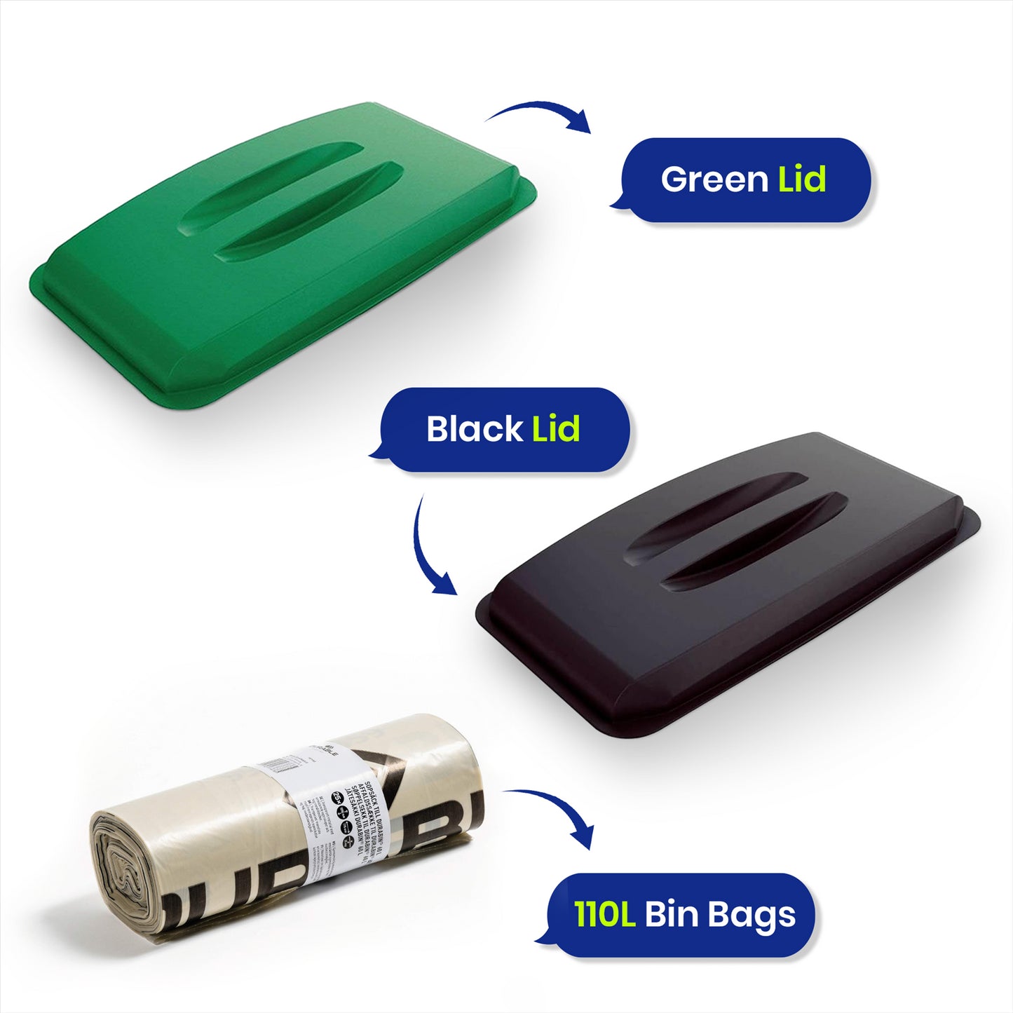 DURABIN 60L Green and Black Lids and 25x 110L Recycled Bin Bags Set