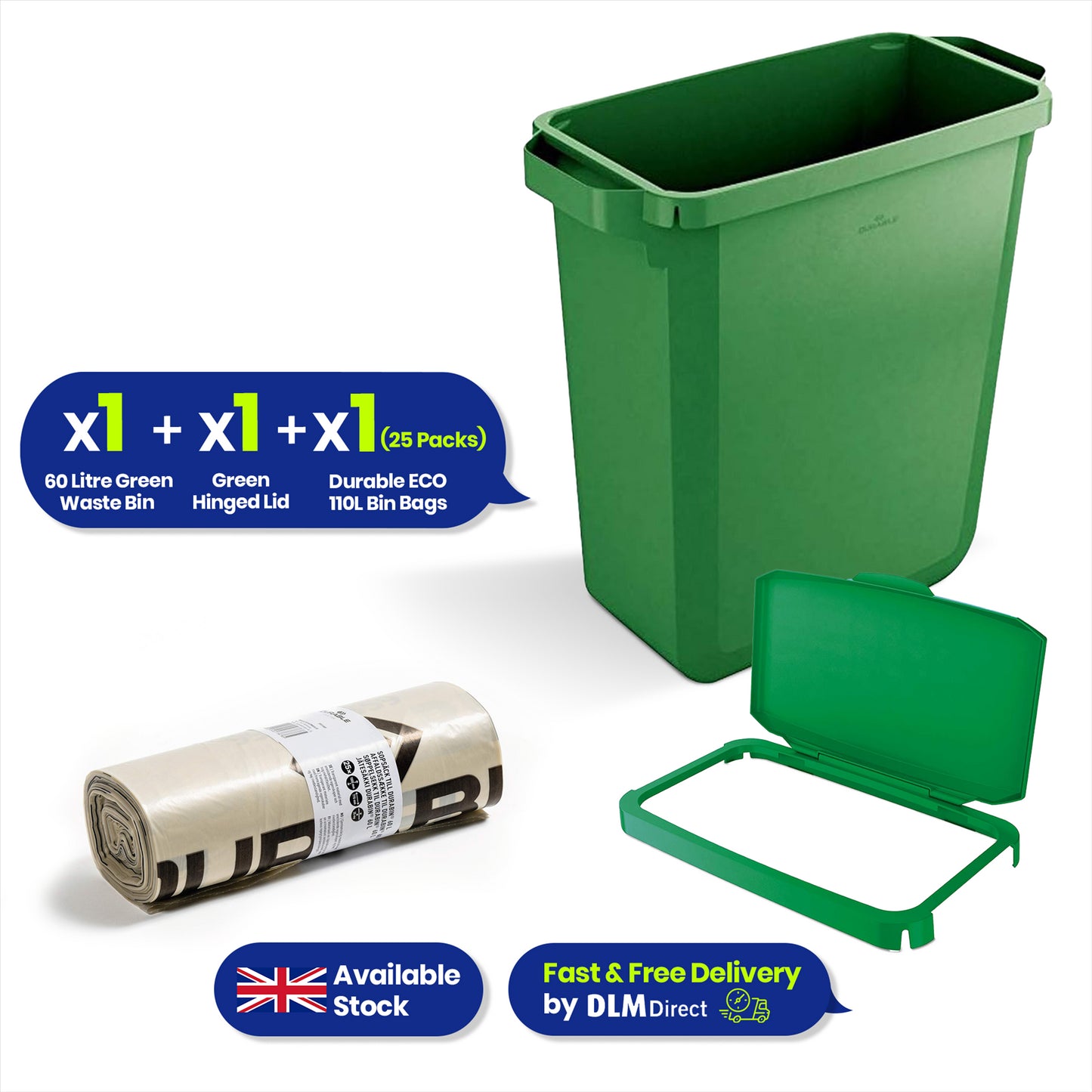 DURABIN 60L Green Bin Set & Green Hinged Lid and 25x 110L Recycled Bin Bags