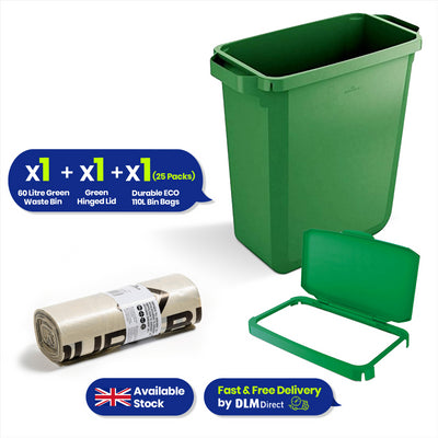 DURABIN 60L Green Bin Set & Green Hinged Lid and 25x 110L Recycled Bin Bags