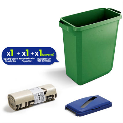 Durable DURABIN 60 Green+ Durable DURABIN 60 Hinged Lid with Paper Slot - Blue+ Durable ECO 110L Bin Bags 100% Recycled
