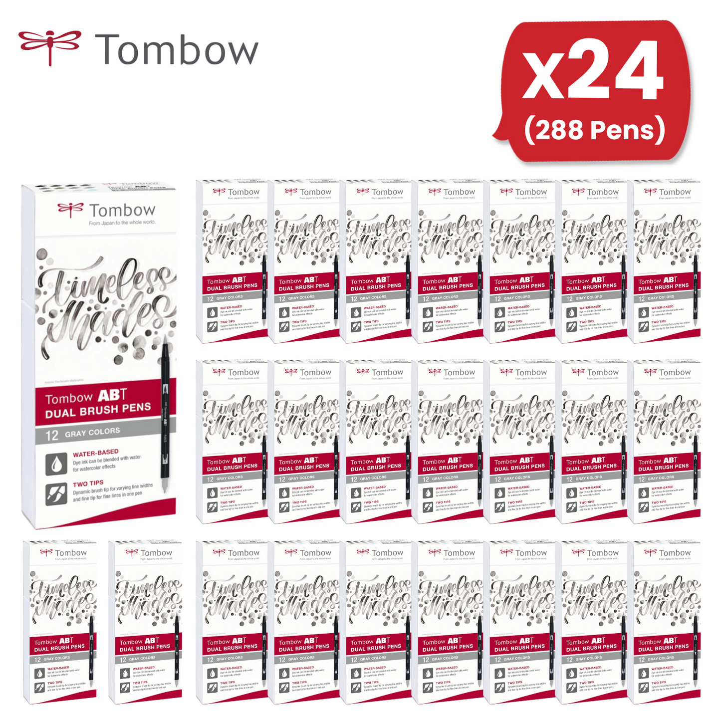 Tombow ABT Dual Brush Pen 2 tips Grey Tones Pack of 12 - 1 to 36 Packs