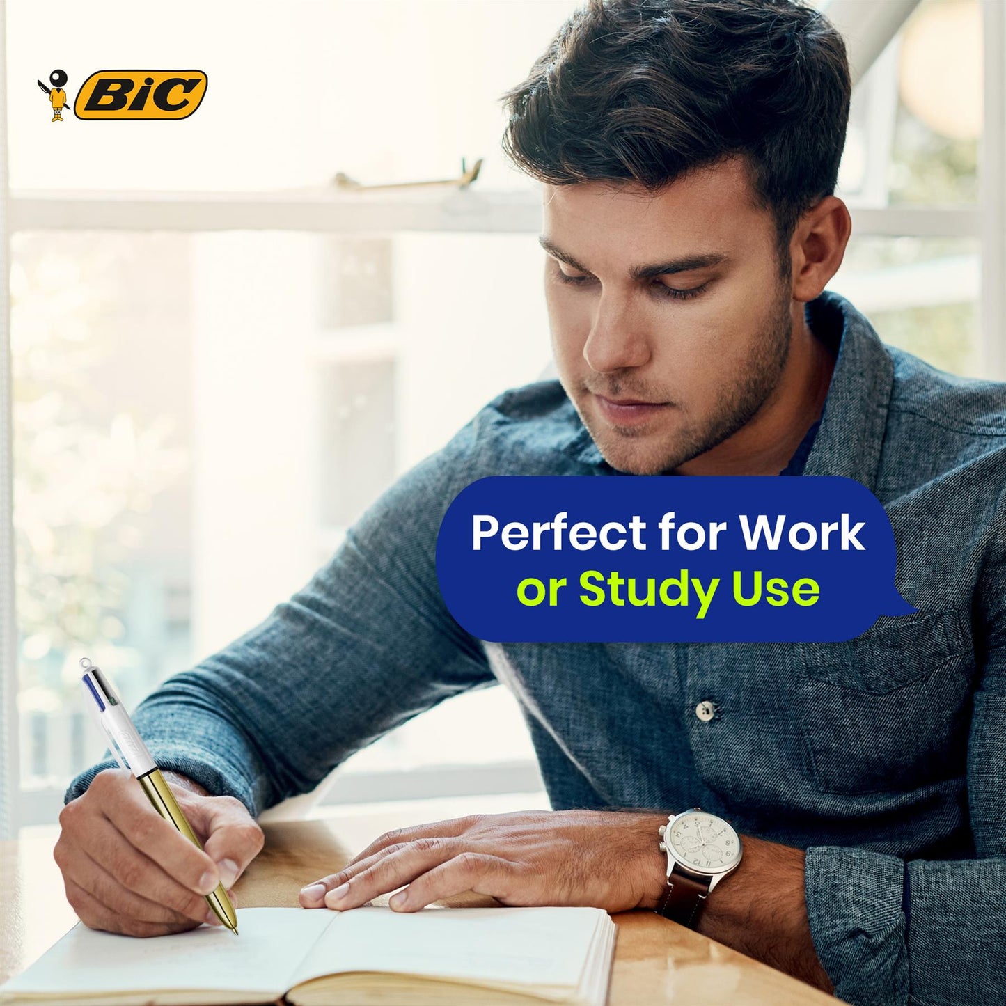 BIC 4 Colours Shine Ballpoint Pens Set of 12 Refillable Biros Gold Metal Barrel for Office and School