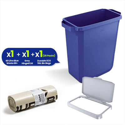 DURABIN 60L Blue Bin Set & Grey Hinged Lid and 25x 110L Recycled Bin Bags