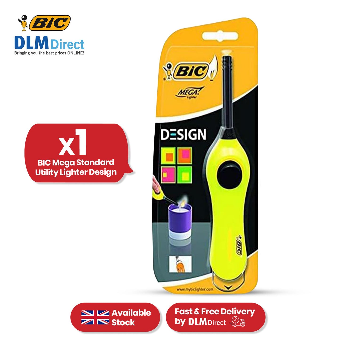 BIC Mega Utility Lighter - Plastic 6cm Wand Cooking Lighter, Push Button Lighters for BBQ