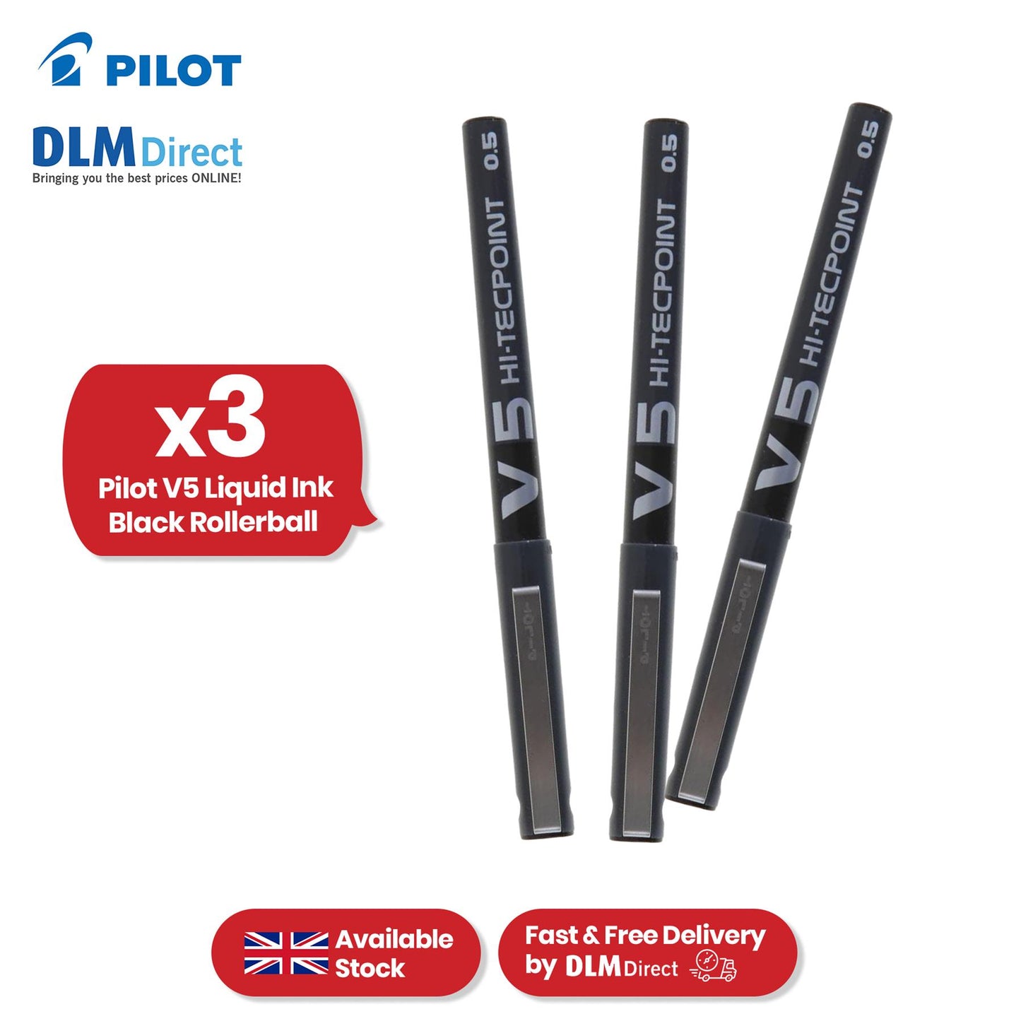 Pilot V5 Rollerball Pen - Black 0.5mm Fine Tip Rollerball Pen, Liquid Biros for Notes