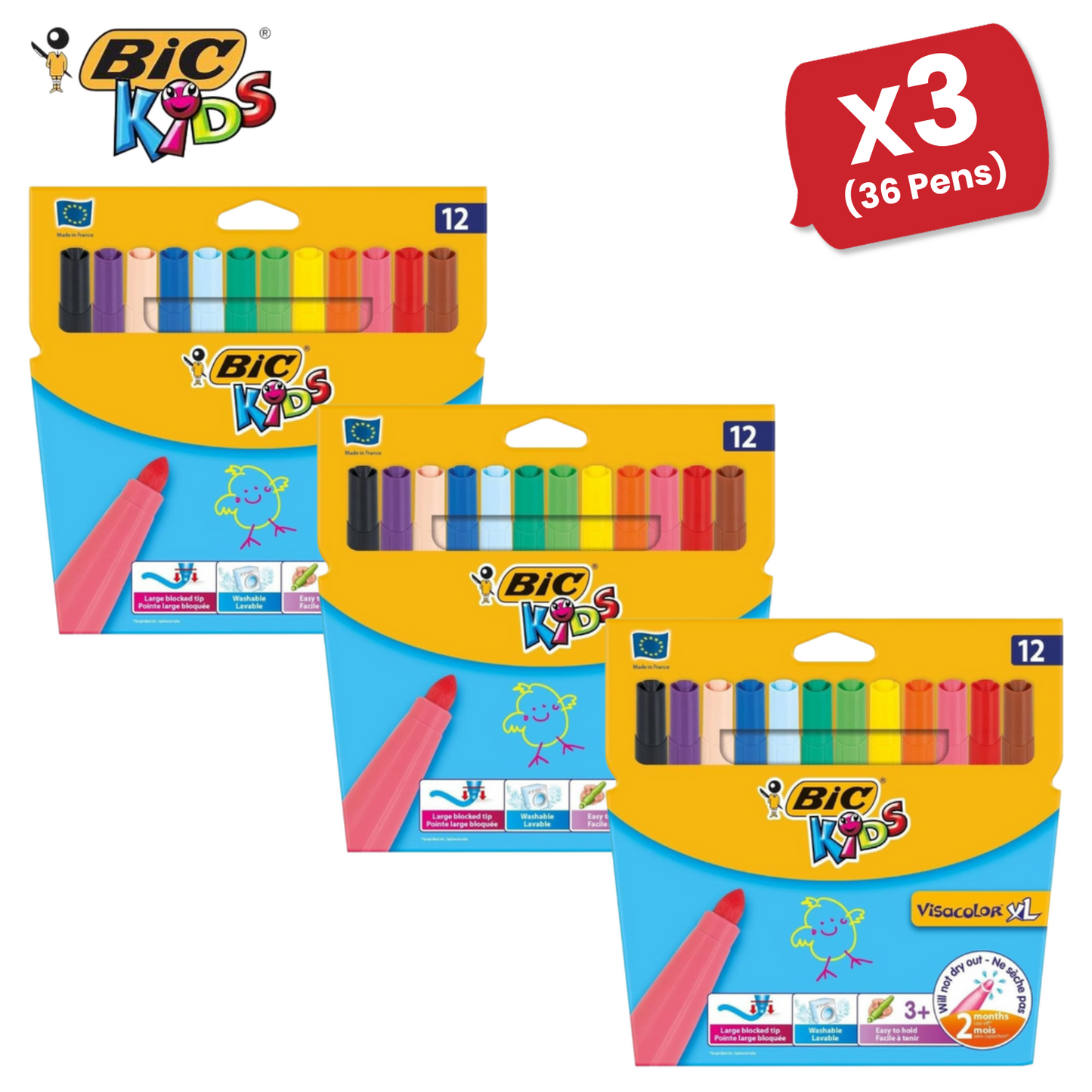 BIC Kids Visacolor XL ECOlutions Colouring Pens Assorted - Pack of 12 - 1 to 5 Packs