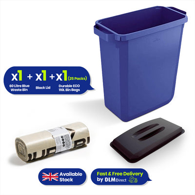 DURABIN 60L Blue Bin Set & Black Lid and 25x 110L Recycled Bin Bags