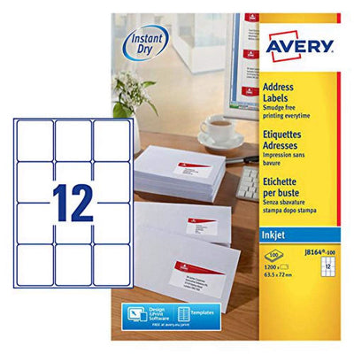 Avery J8164-100 Address Labels, 63.5 x 72 mm, Permanent, 12 Labels Per Sheet, 1200 Labels Per Pack - Pack of 1 to 5