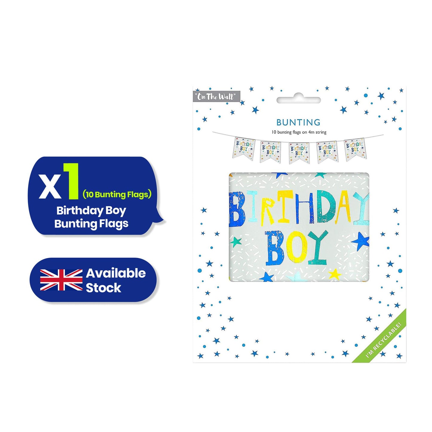 On The Wall Birthday Boy Bunting 4m with 10 Flags, Blue Reusable Party