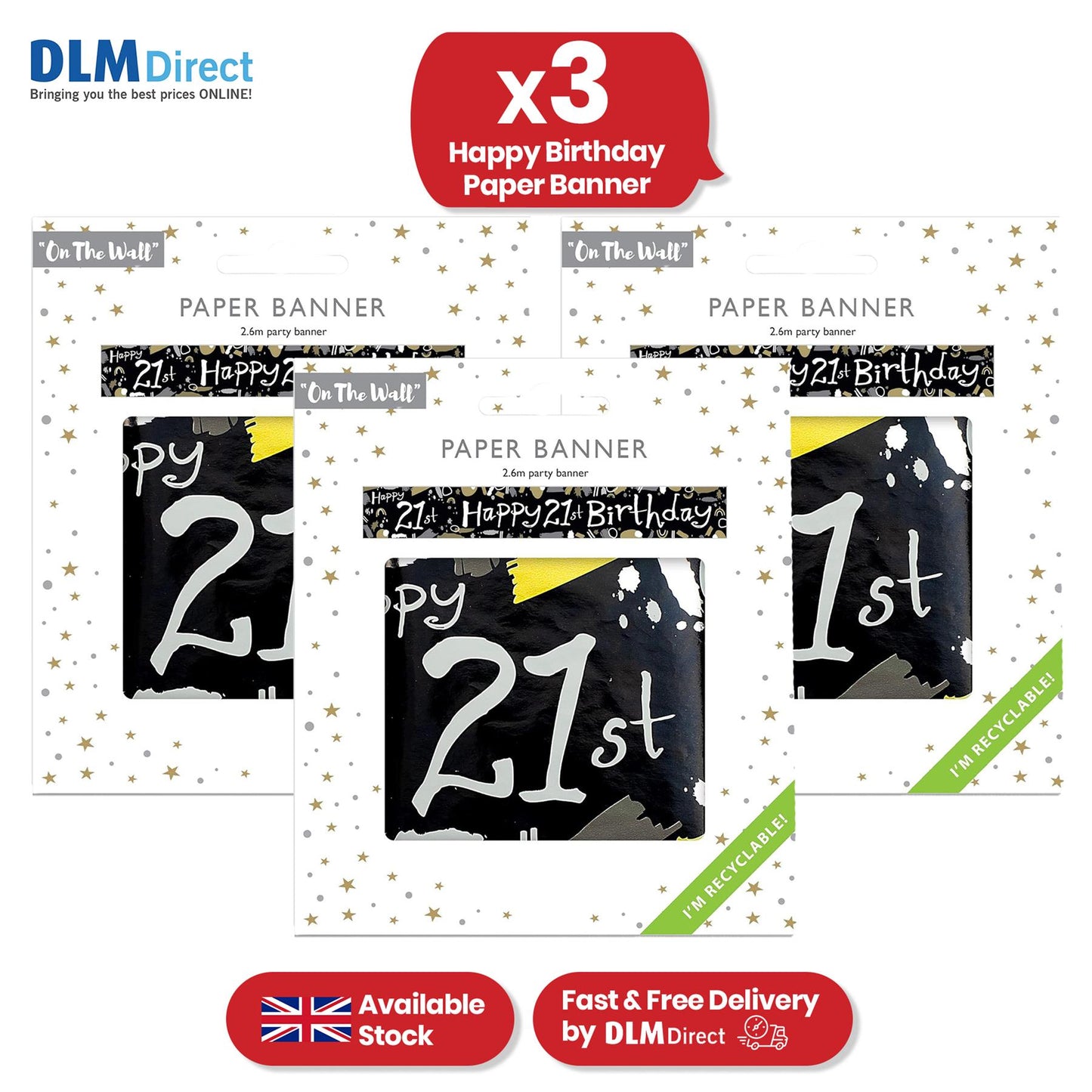 Happy 21st Birthday Black and White Recyclable Banner - 2.6m