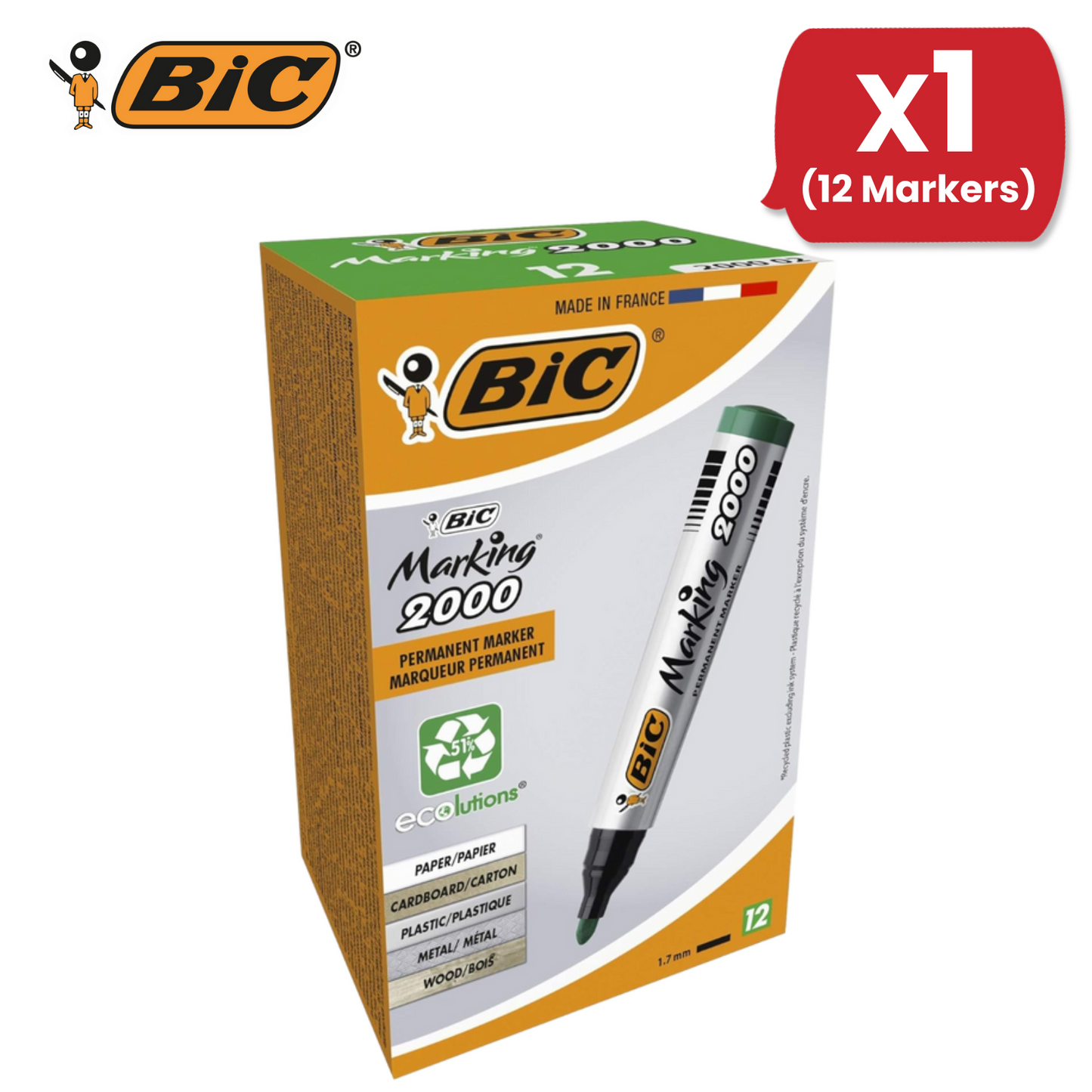 BIC Marking 2000 Ecolutions Permanent Markers Green 1.7mm Bullet Tip Pack of 12