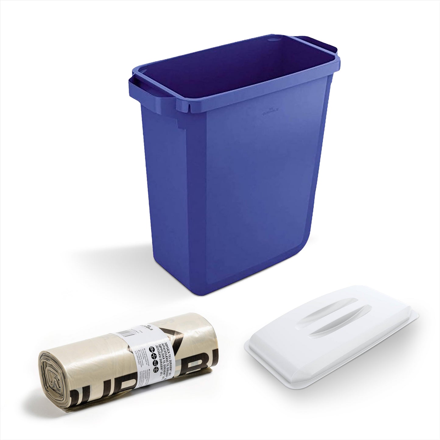 DURABIN 60L Blue Bin Set & White Lid and 25x 110L Recycled Bin Bags