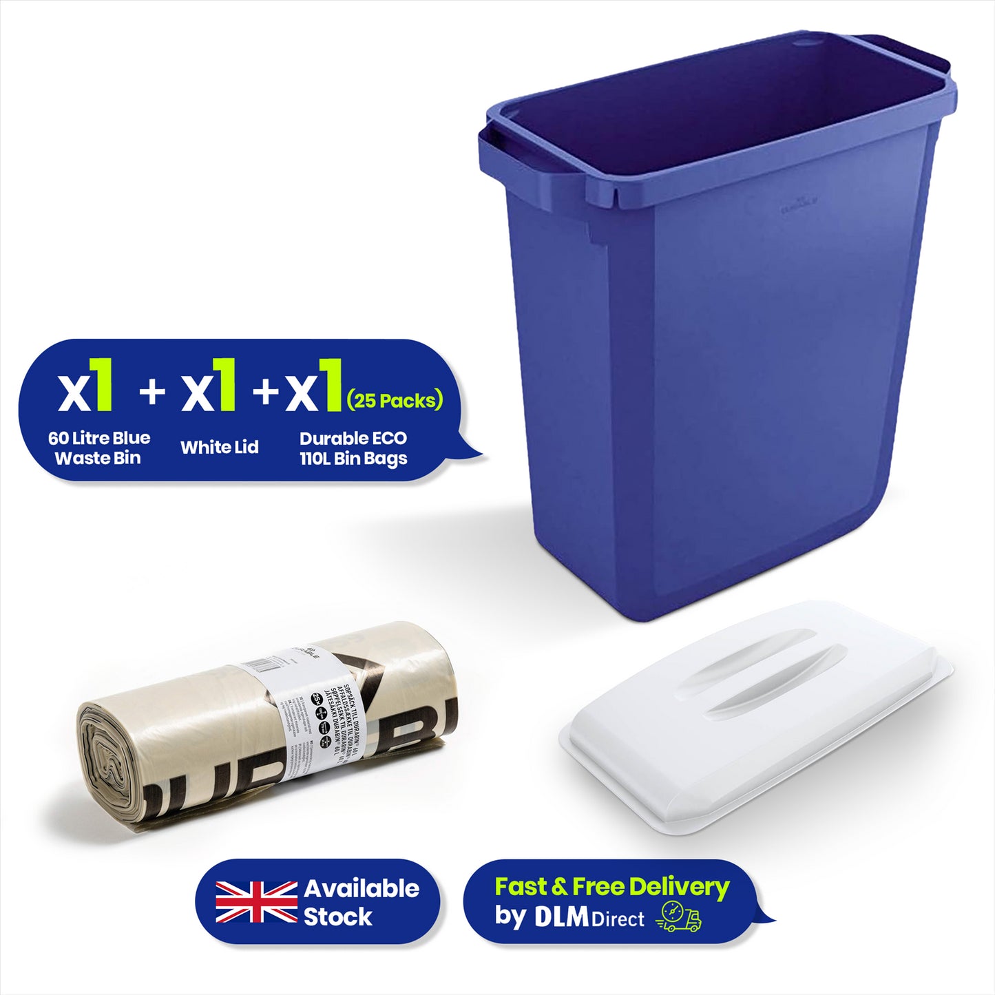 DURABIN 60L Blue Bin Set & White Lid and 25x 110L Recycled Bin Bags