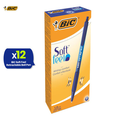 BIC Soft Feel Clic Grip Pens Pack of 12 Blue Ballpoint Pens with 1mm Tip