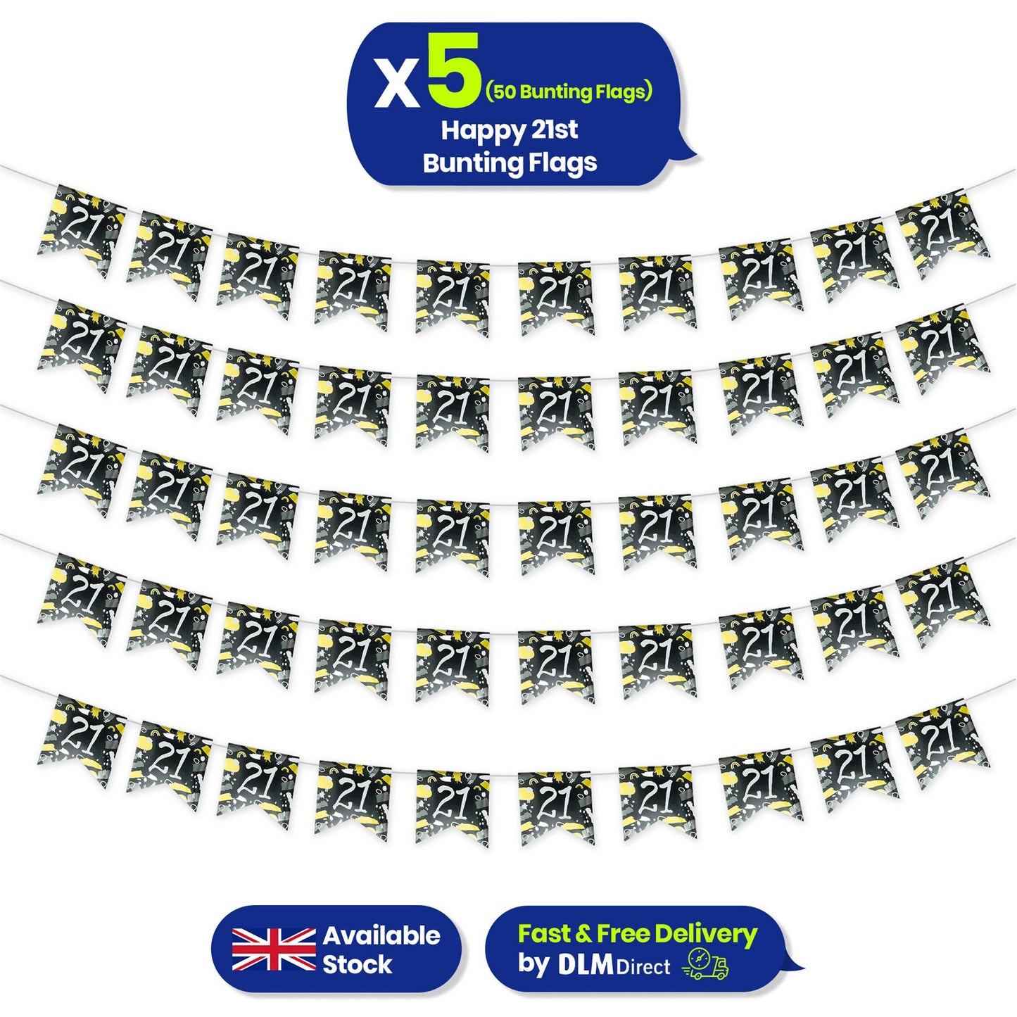Happy 21st Birthday Black and White Bunting Hanging Party Decoration