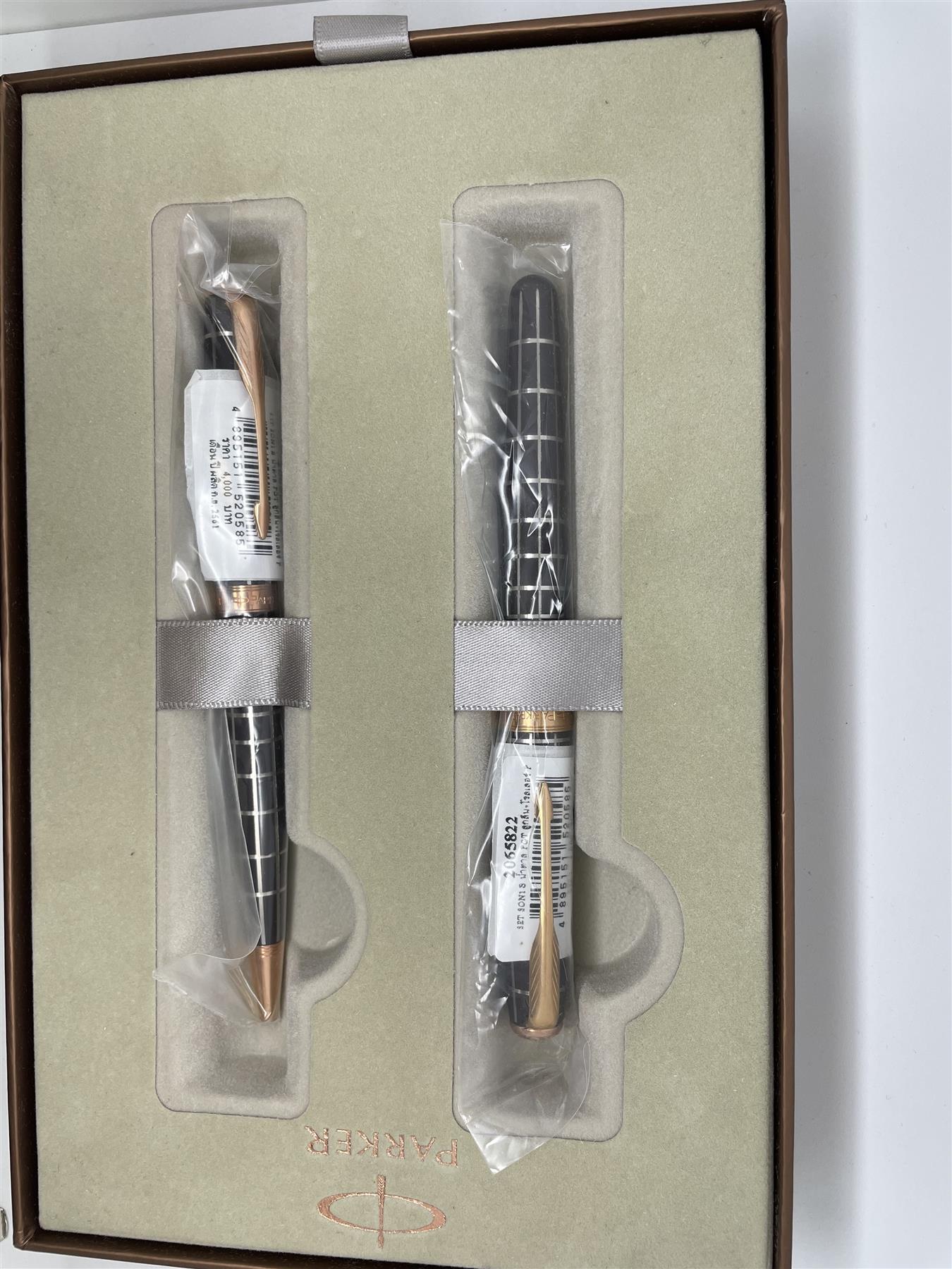 PARKER SONNET 13 SET BROWN RUBBER P GOLD TRIM BALLPOINT & ROLLERBALL SET