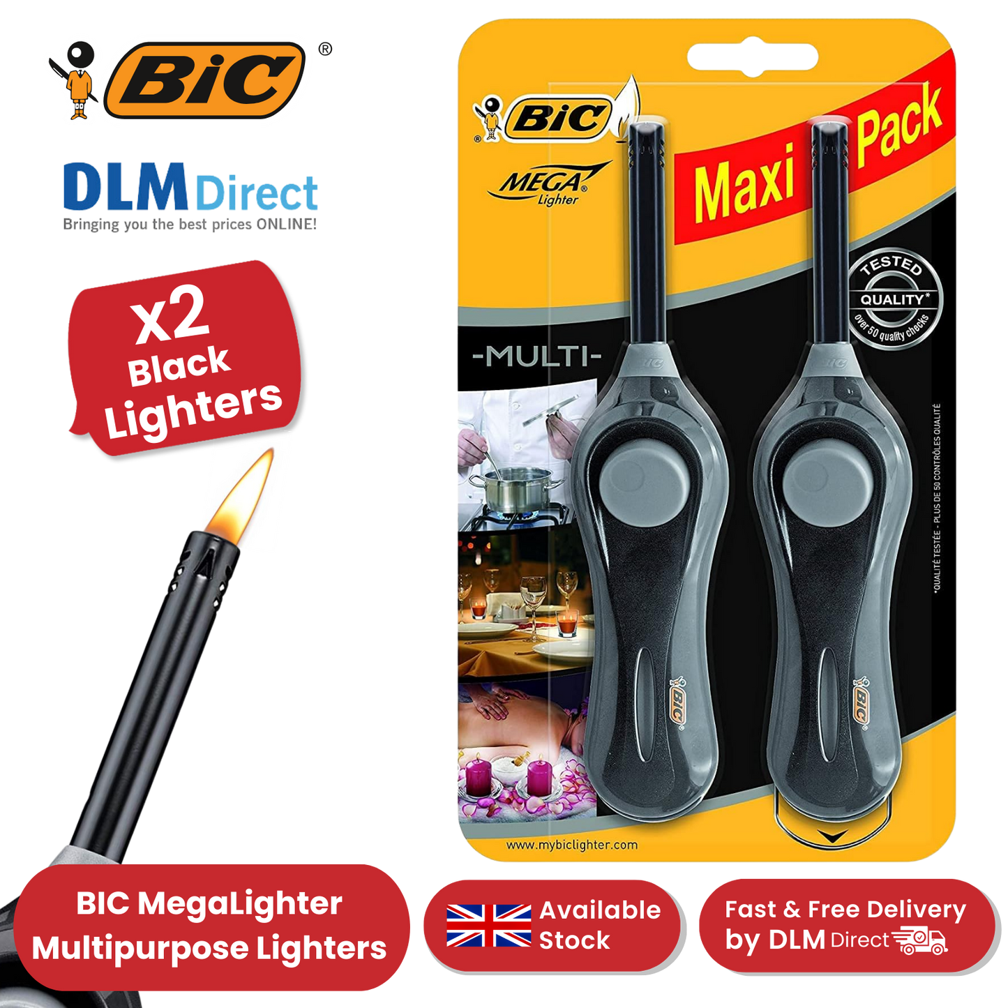 BIC Mega Standard Utility Lighter Black - Blister Pack of 2
