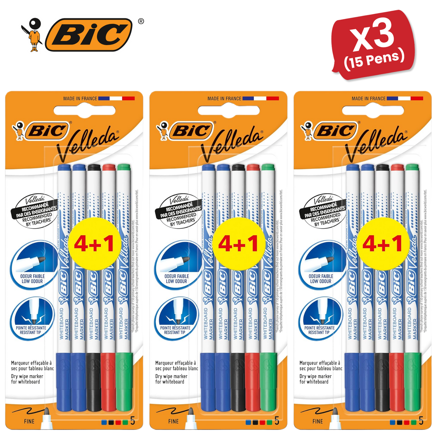 BIC Velleda 1721 Whiteboard Markers – 4+1 Pack, Assorted Colours, Smooth Writing