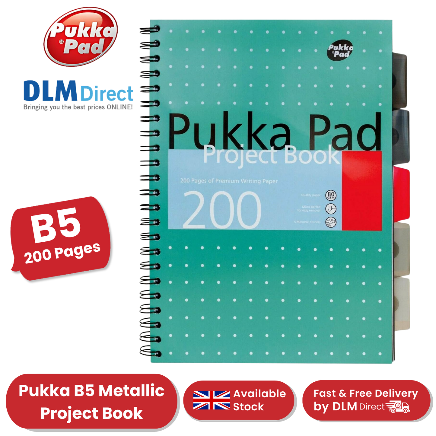 Pukka Pad White B5 Project Book 200 Pages Wirebound Project Book, Ruled/Margin