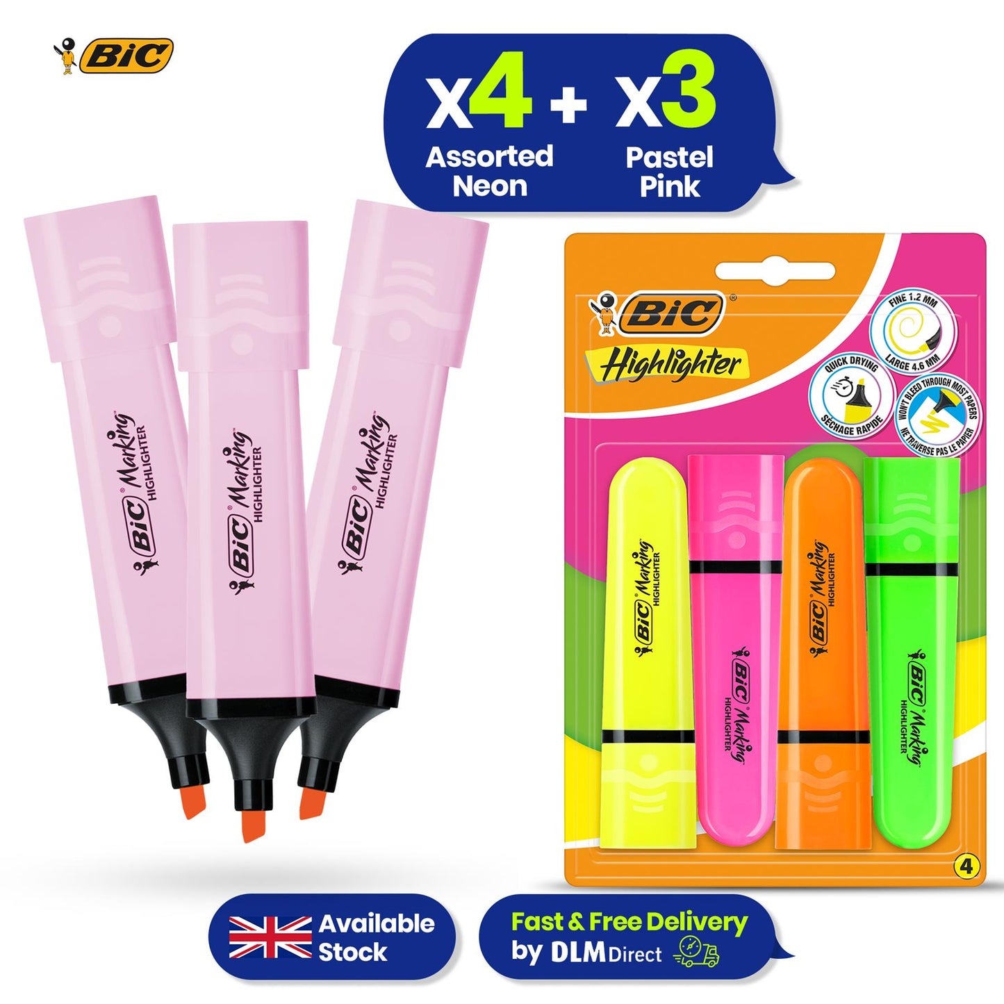 BIC Highlighter Flat Marker Pastel Pink Pack of 3 & 4x Assorted Neon Chisel Tip Markers