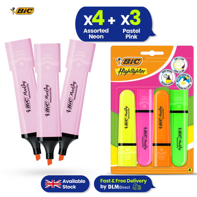 BIC Highlighter Flat Marker Pastel Pink Pack of 3 & 4x Assorted Neon Chisel Tip Markers
