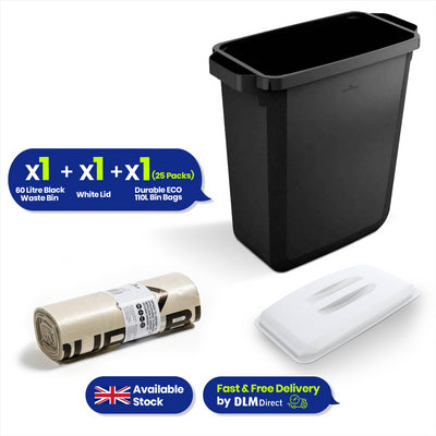 DURABIN 60L Black Bin Set and White Lid and 25x 110L Recycled Bin Bags