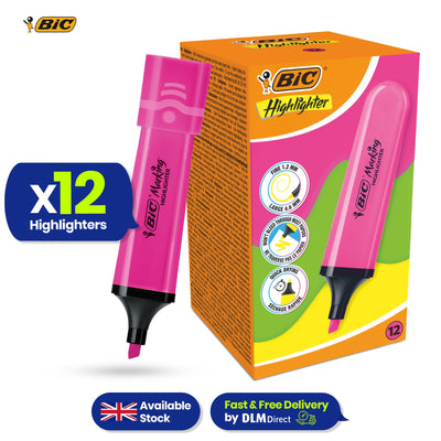 BIC 12x Marking Highlighter Flat Marker Neon Pink Modular Tip for Precise Highlighting