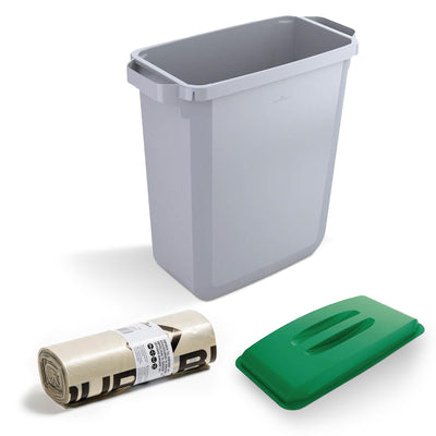 DURABIN 60L Grey Bin Set and Green Lid and 25x 110L Recycled Bin Bags