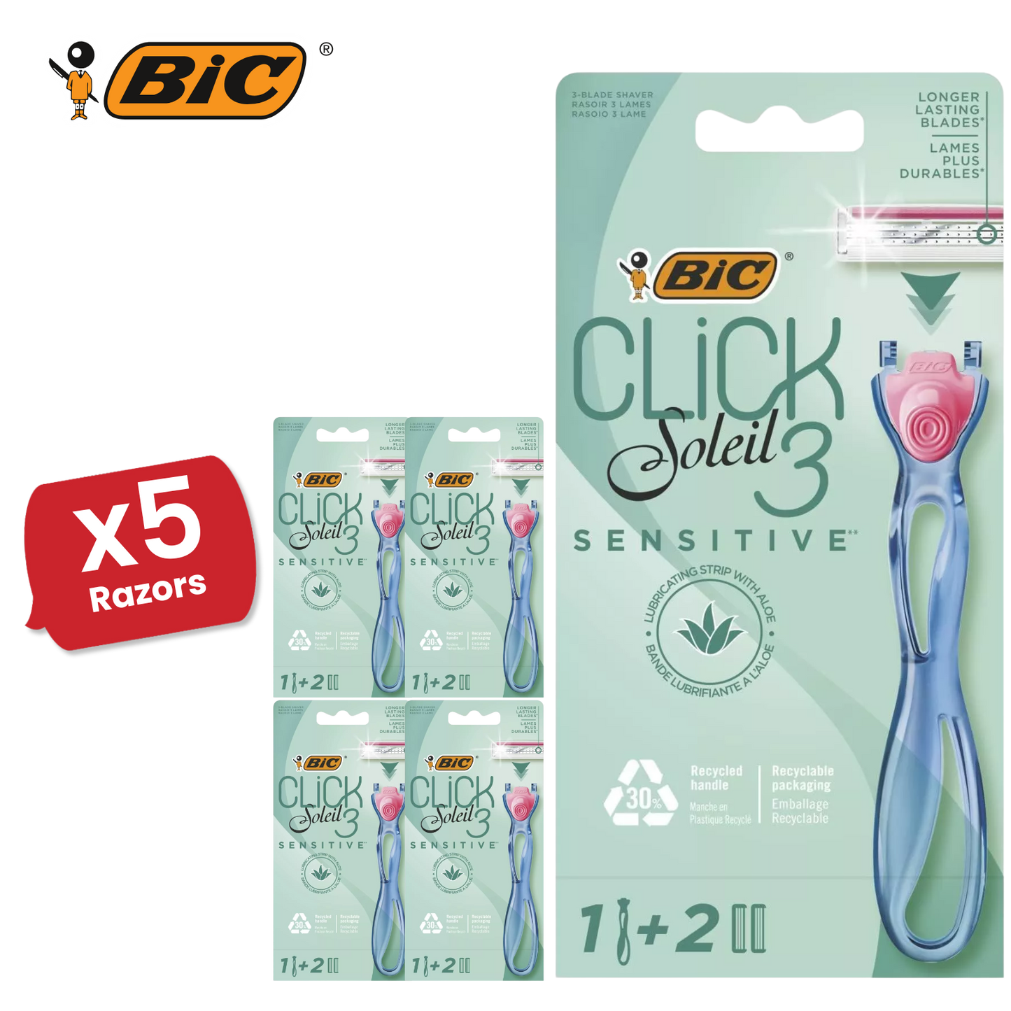 BIC Click 3 Soleil Sensitive Women's Razor Refills - 1 Handle + 4 Blades -1 to 5