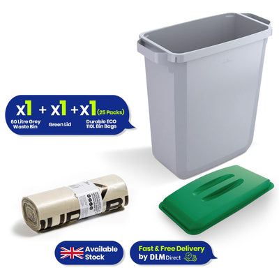 DURABIN 60L Grey Bin Set and Green Lid and 25x 110L Recycled Bin Bags