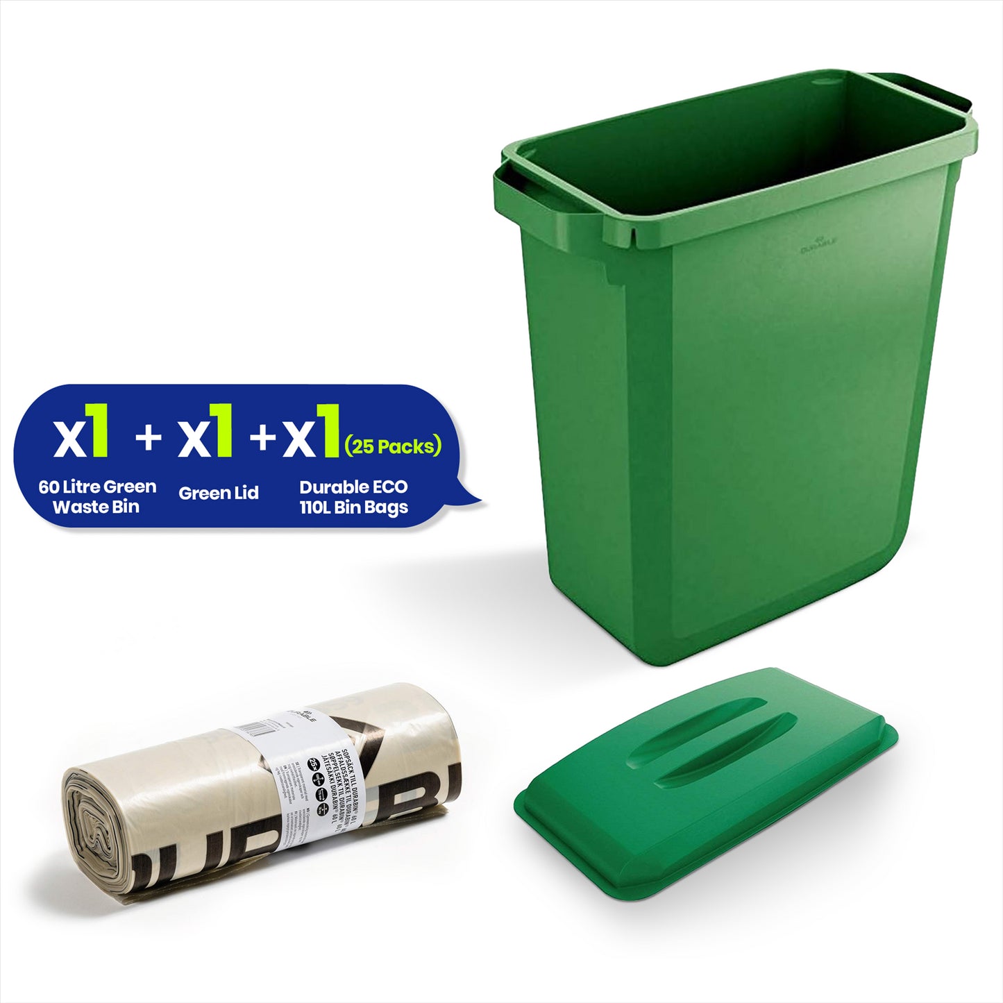 DURABIN 60L Green Bin Set & Green Lid and 25x 110L Recycled Bin Bags