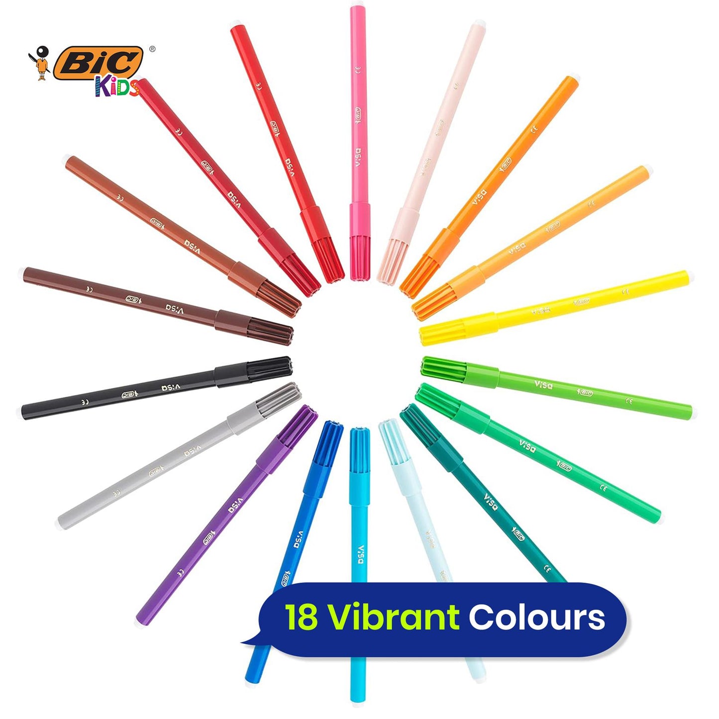 BIC Kids Colouring Pens 18 Pack Fine Tip Washable Felt Pens for School and Art