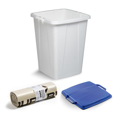 DURABIN 90L White Bin with Blue Lid and 25x 110L Recycled Bin Bags for Everyday Use