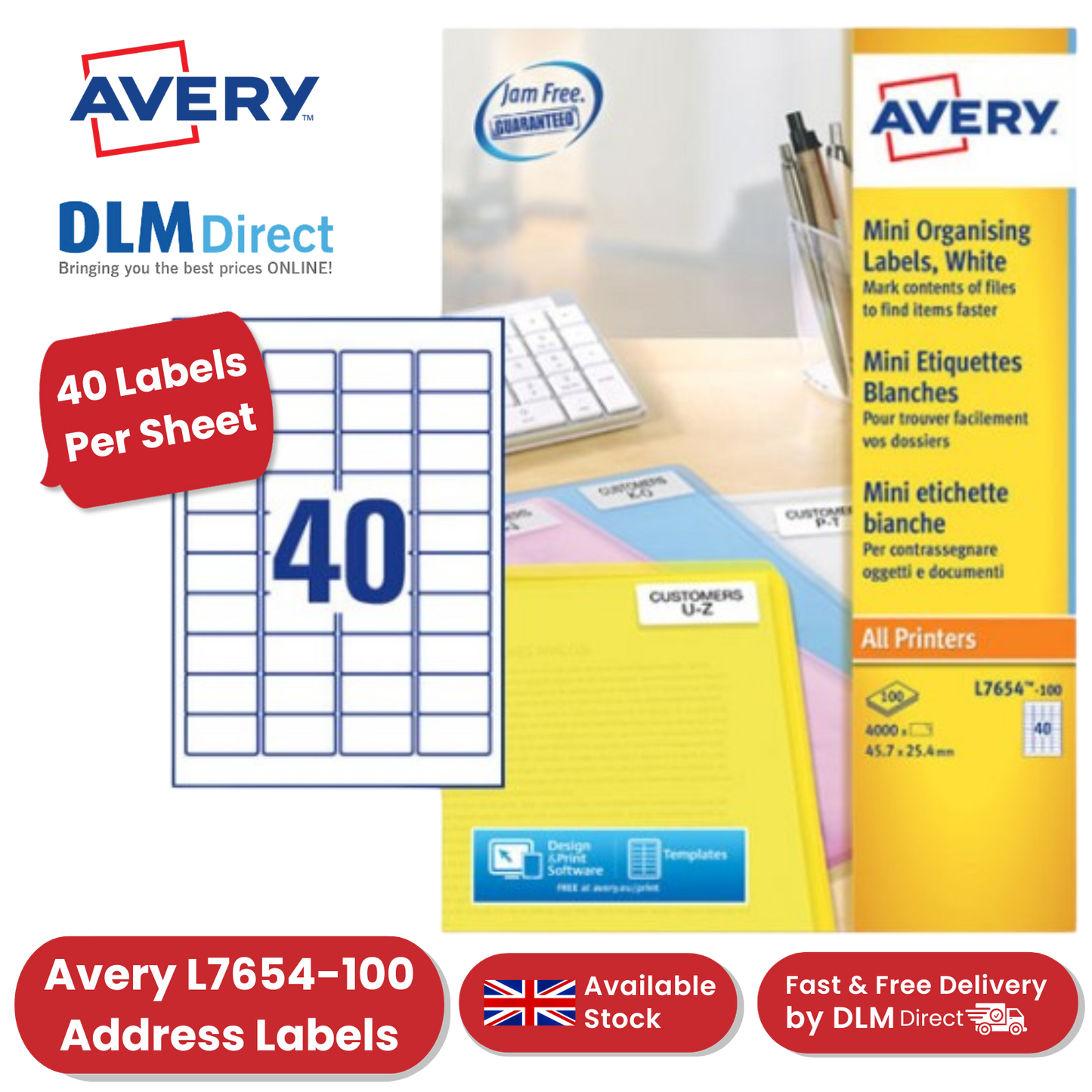 Avery L7654-100 Address Labels, 45.7 x 25.4 mm, Permanent, 40 Labels Per Sheet, 4000 Labels Per Pack