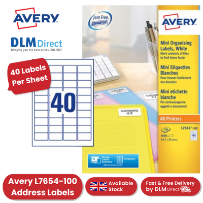 Avery L7654-100 Address Labels, 45.7 x 25.4 mm, Permanent, 40 Labels Per Sheet, 4000 Labels Per Pack
