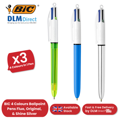 Bic 4 Colour Pack of 3 - 1 Original + 1 Shine Silver + 1 Fluo