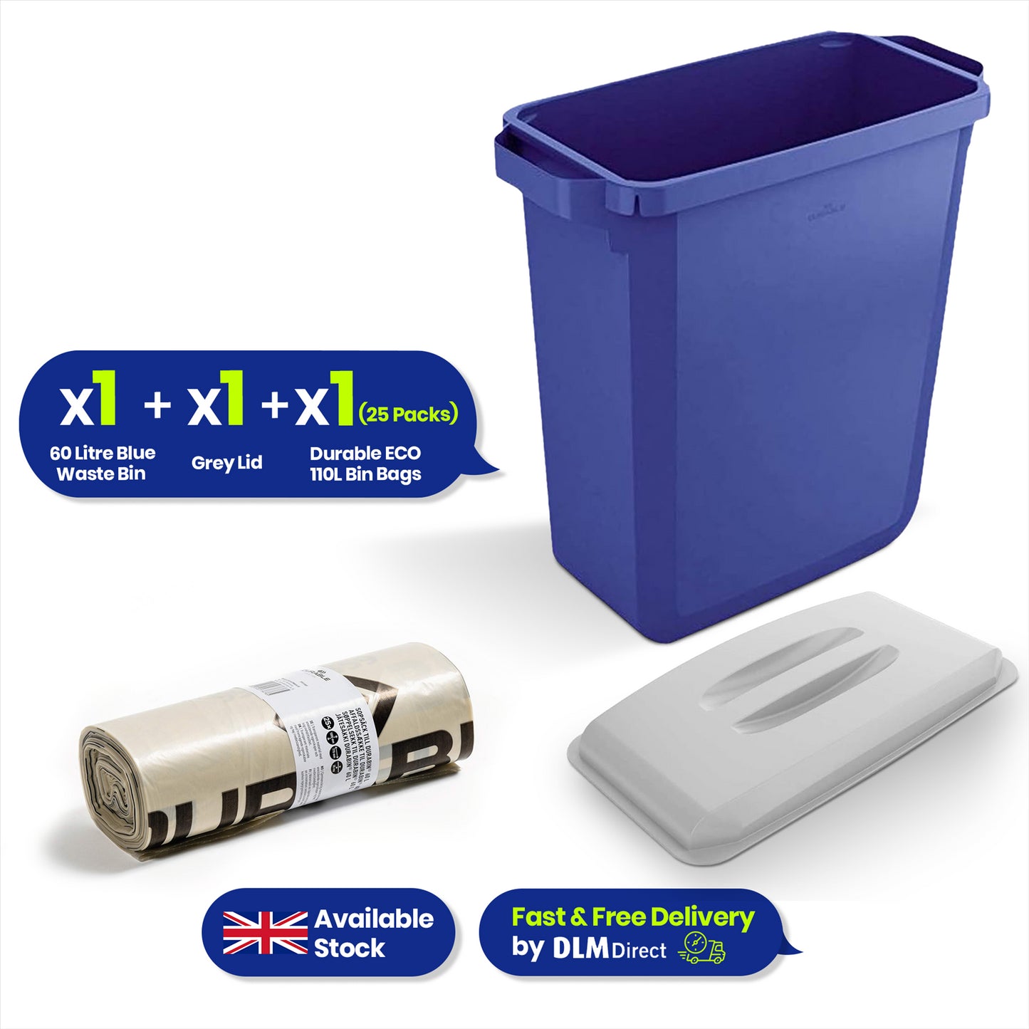 DURABIN 60L Blue Bin Set & Grey Lid and 25x 110L Recycled Bin Bags