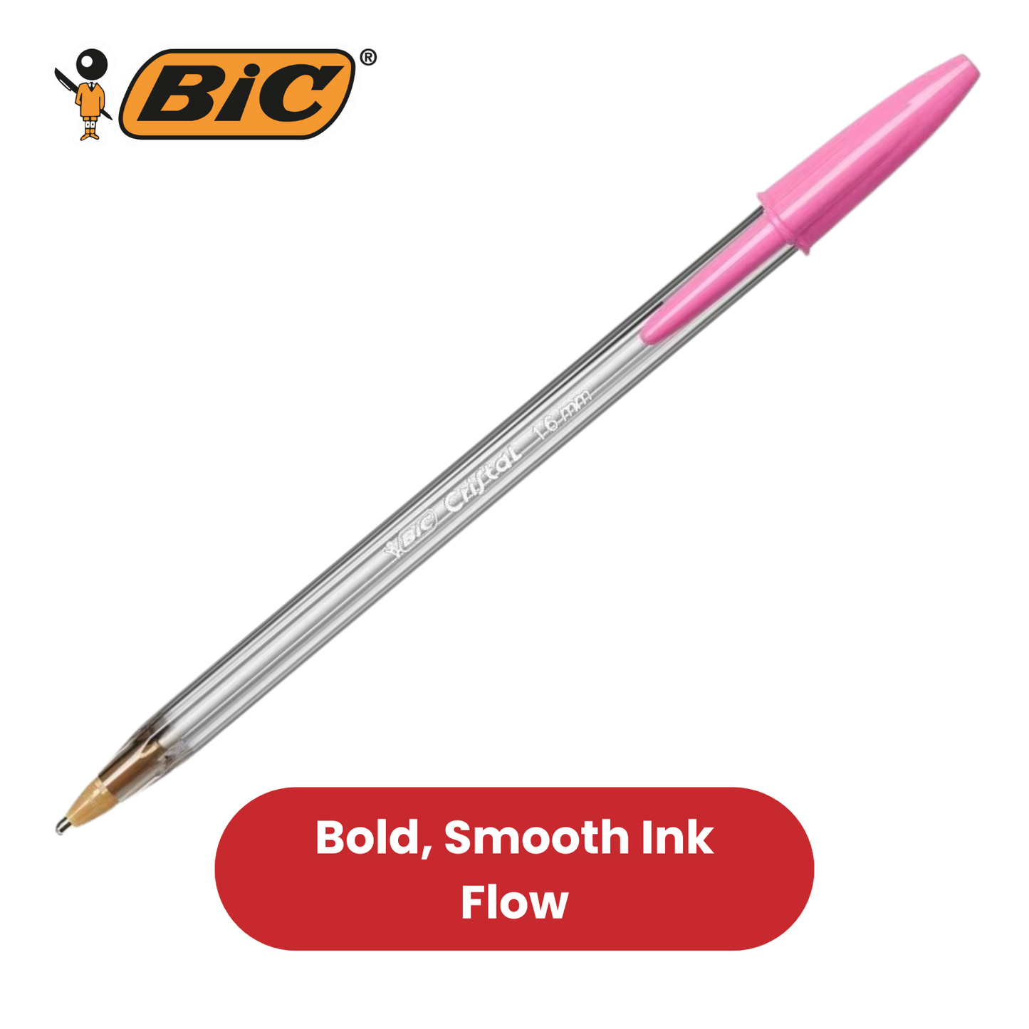 BIC Cristal Ballpoint 1.6mm Medium Point Pen Smooth Writing & Stylish Pen - Pink