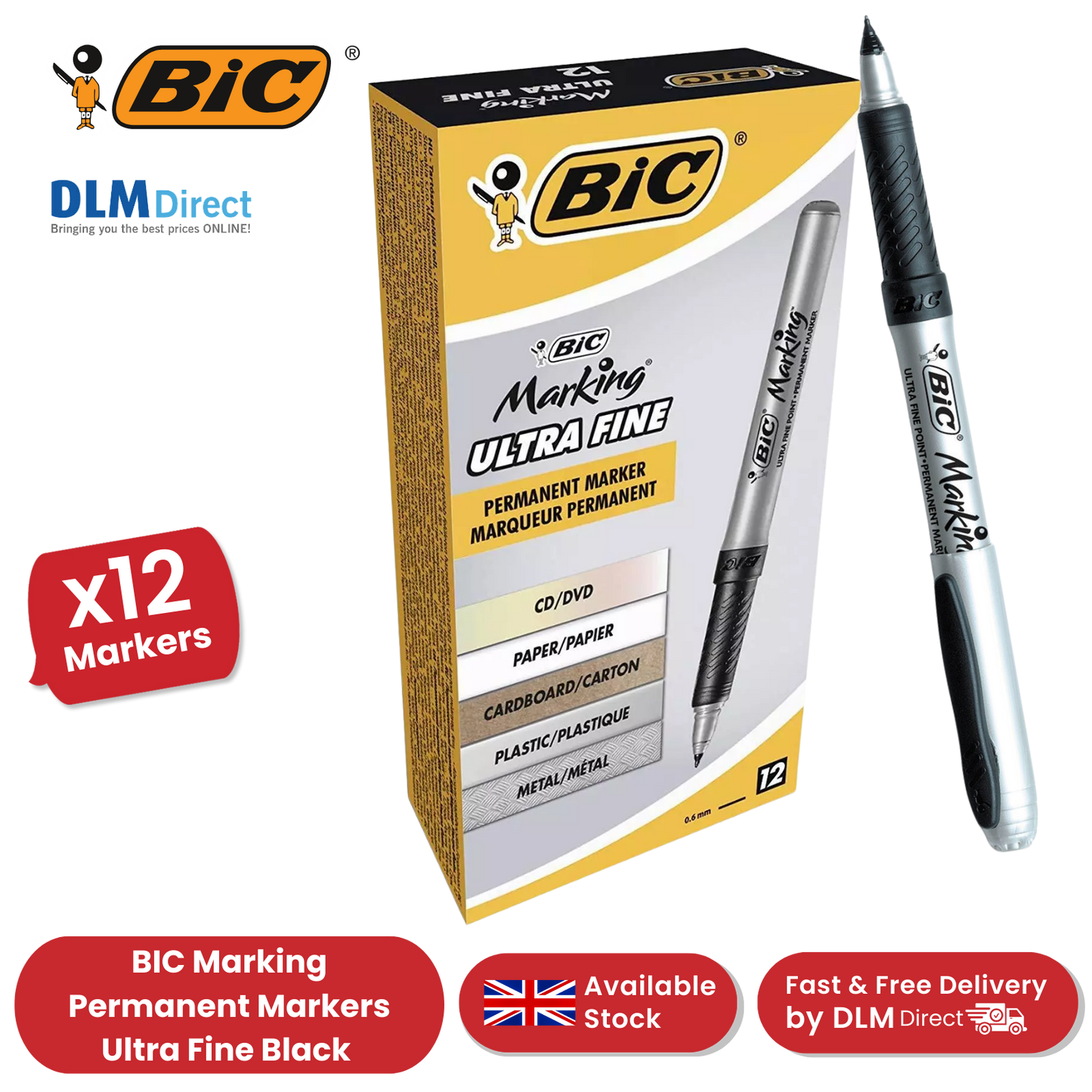 BIC Marking Permanent Markers Ultra Fine Tip Black - Pack of 12 - 1 to 5 Packs