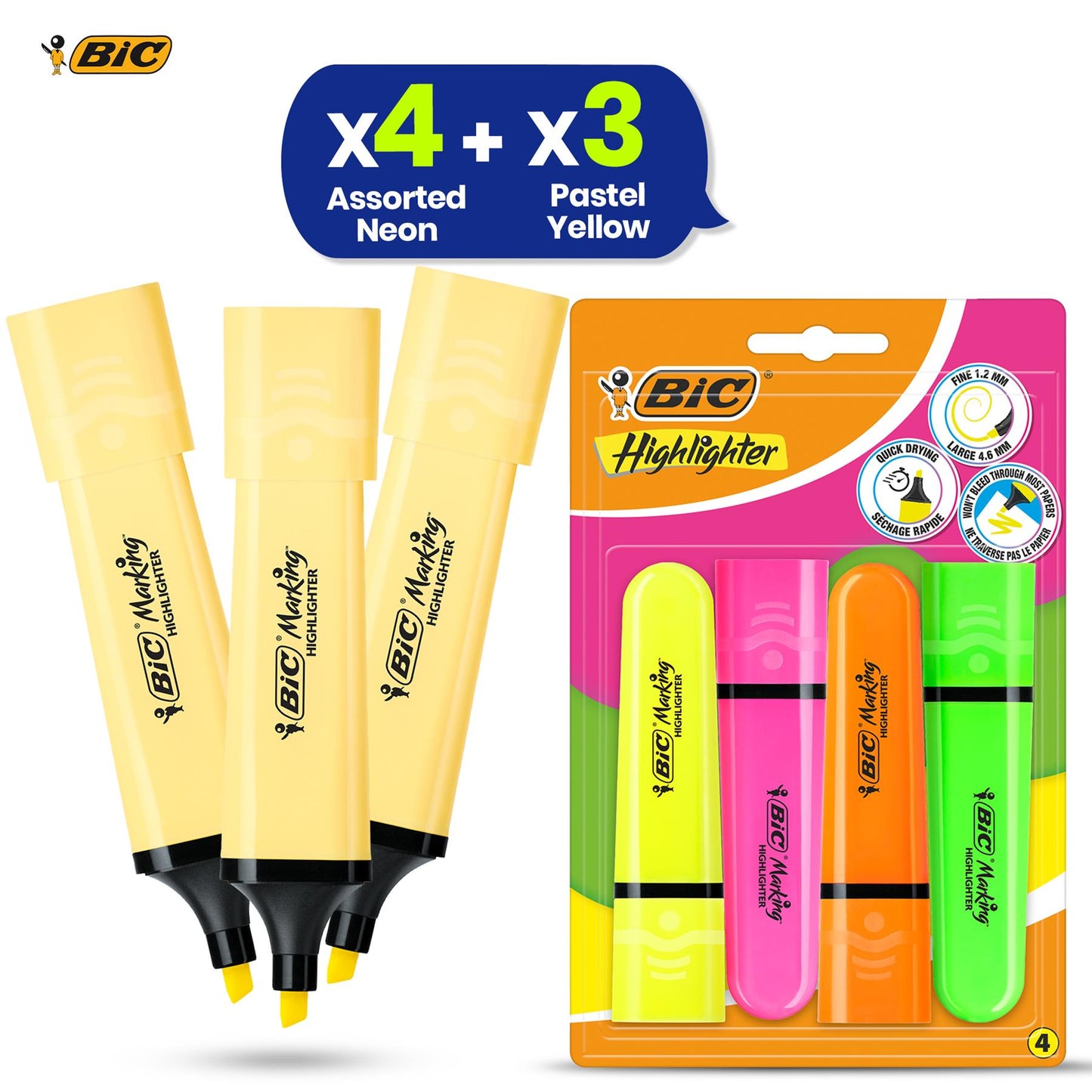 BIC Highlighter Flat Marker Pastel Yellow Pack of 3 & 4x Assorted  Neon Chisel Tip Quick Dry