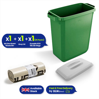 Durable DURABIN 60 Green+ Durable DURABIN Lid Eco Grey for 60 Litre Waste Bin + Durable ECO 110L Bin Bags 100% Recycled